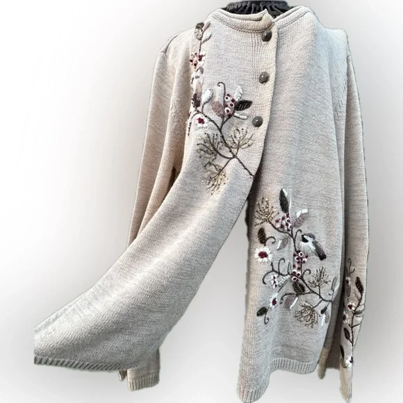 Coldwater Creek Beige Cardigan Floral Embroidery Cottagecore Cabincore.  Sz L - Picture 8 of 16